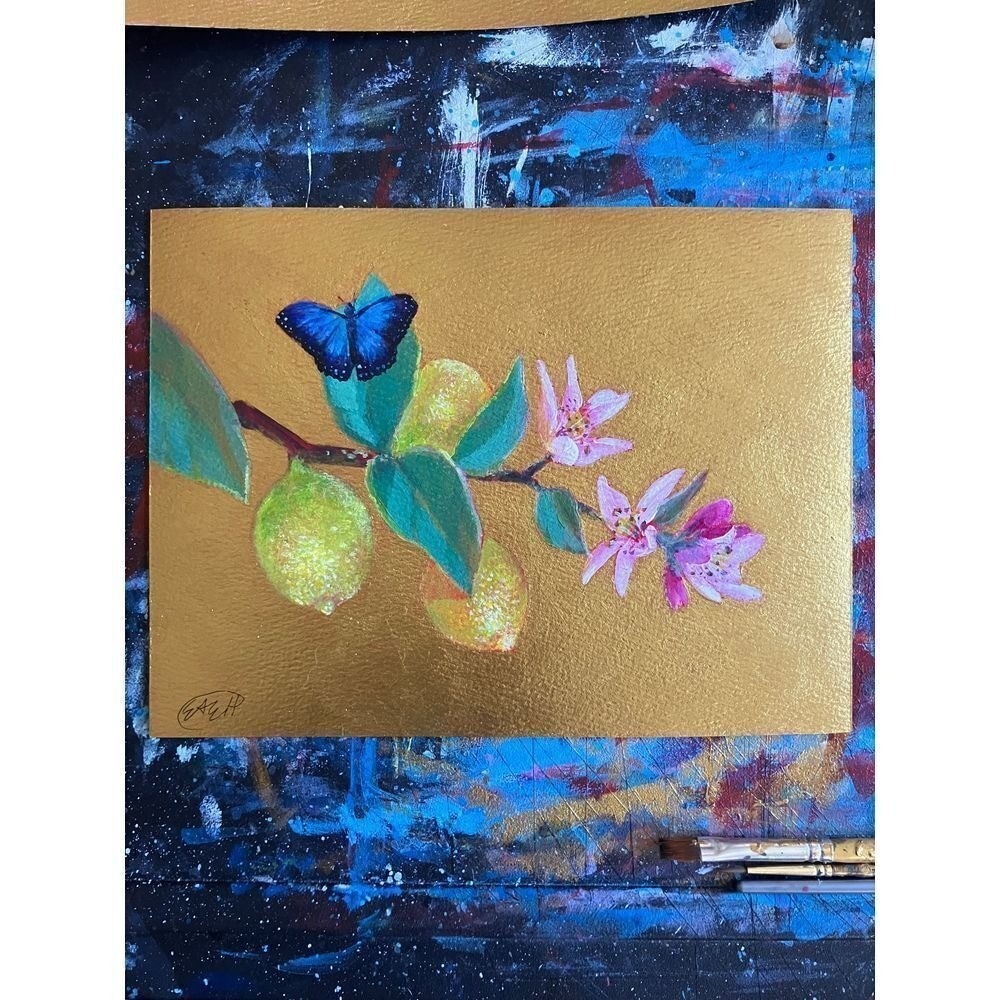 Original Painting butterfly on Gold Artwork Art Deco lemons tree Artettina USA